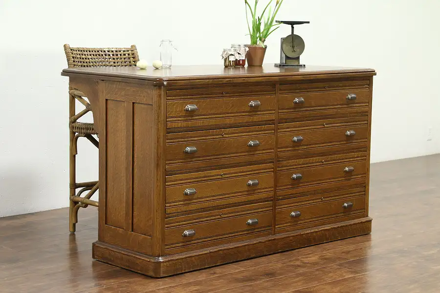 Main image of Oak Quarter Sawn Antique 1895 Kitchen Counter or Island, 8 Drawers, 62" Long