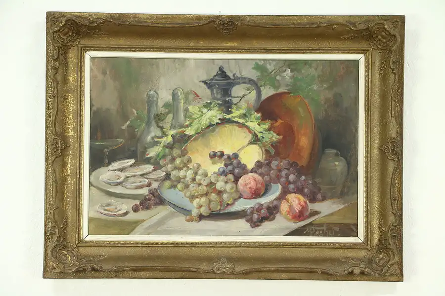 Main image of Oysters & Fruit Still Life Antique Oil Painting, Carved Frame, Signed, France