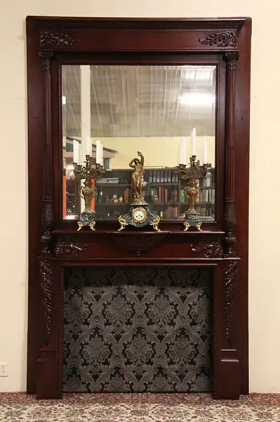 Main image of Carved 10' Architectural Salvage Fireplace Mantel, Beveled Mirror