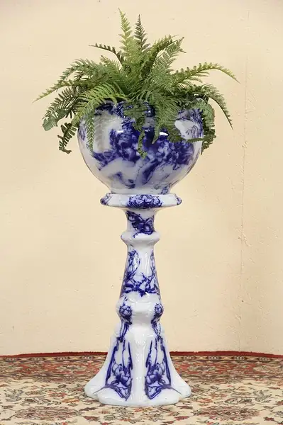 Main image of Flow Blue Faerie Queen Jardiniere, Stand, Queen Elizabeth 1953 Commemorative Set