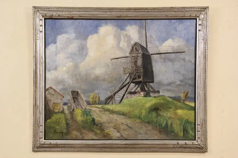Main image of Windmill on the Dutch Shore, Signed Original Oil Painting