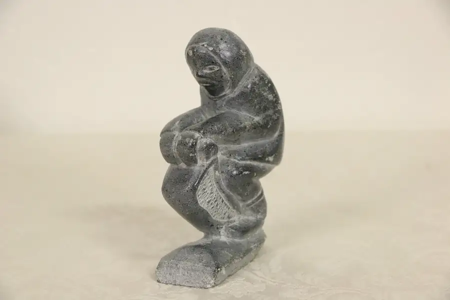 Main image of Inuit Hand Carved Soapstone Sculpture of Crouching Woman
