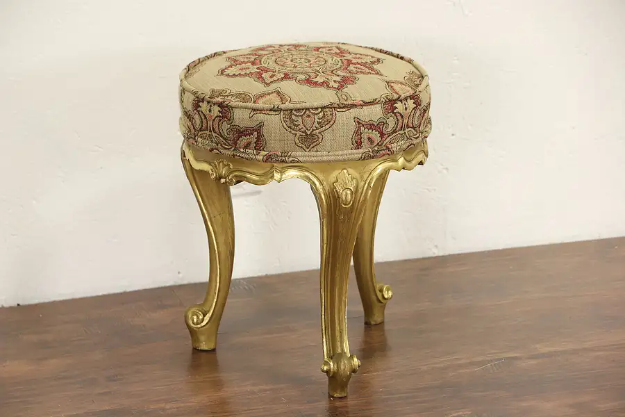 Main image of Italian Carved Burnished Gold 1920 Salon Stool, New Upholstery
