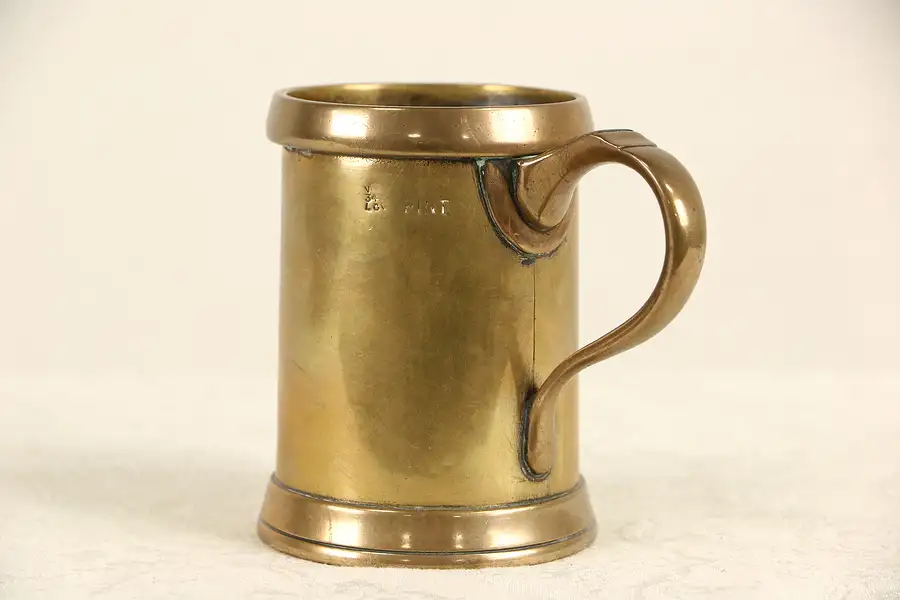 Main image of Victorian 1870's Antique Pint Size Brass Mug, Tin Wash, Signed Farrow & Jackson