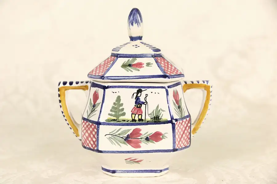 Main image of Quimper Two Handled Jam Pot, Hand Painted & Signed, Brittany, France