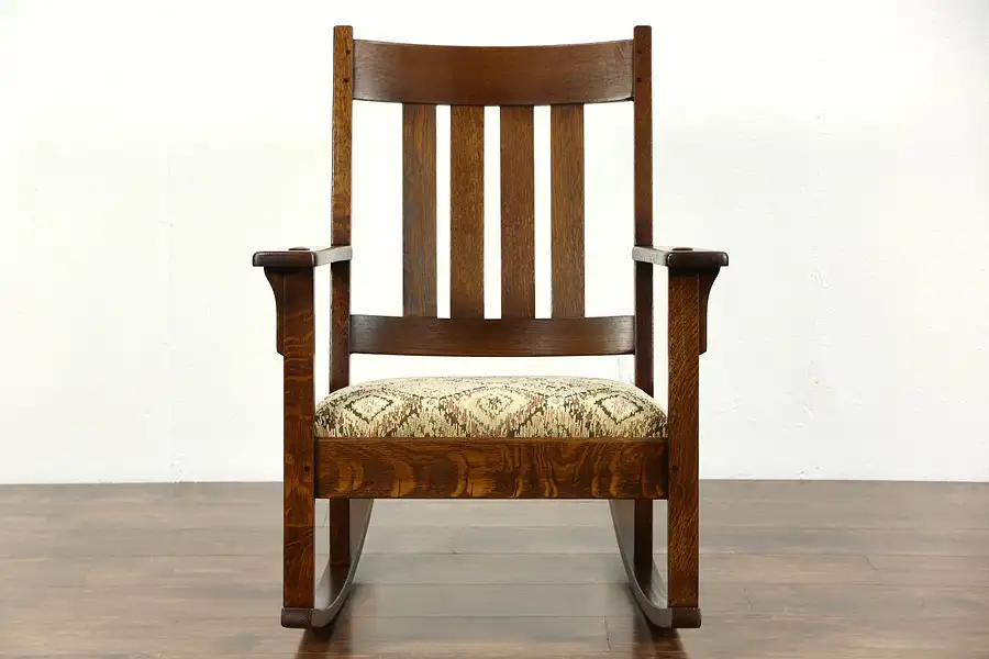 Main image of Arts & Crafts Mission Oak 1905 Antique Rocker, New Upholstery, Signed Young NY