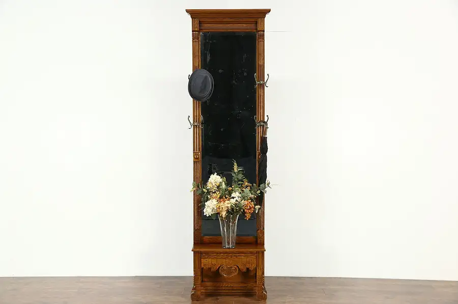 Main image of Victorian Eastlake Oak 1885 Antique Pier Hall or Foyer Mirror, Coat Hooks