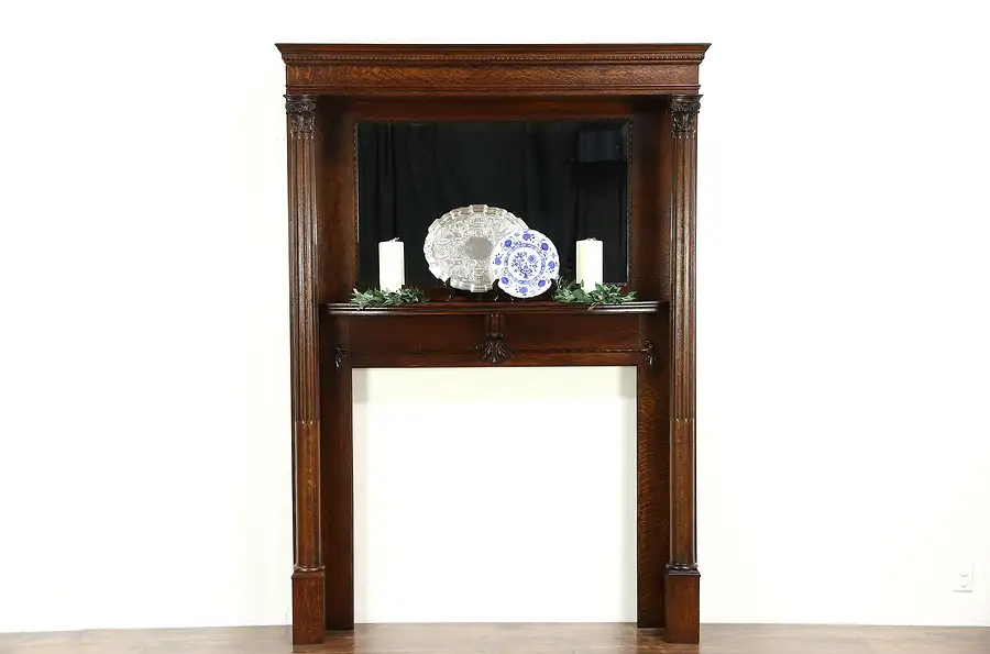 Main image of Oak 1895 Antique Architectural Salvage Fireplace Mantel, Beveled Mirror, Columns