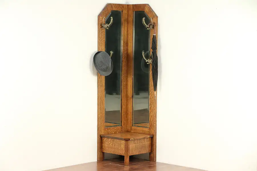 Main image of Arts & Crafts Mission Oak Antique Craftsman Corner Hall Stand & Mirror