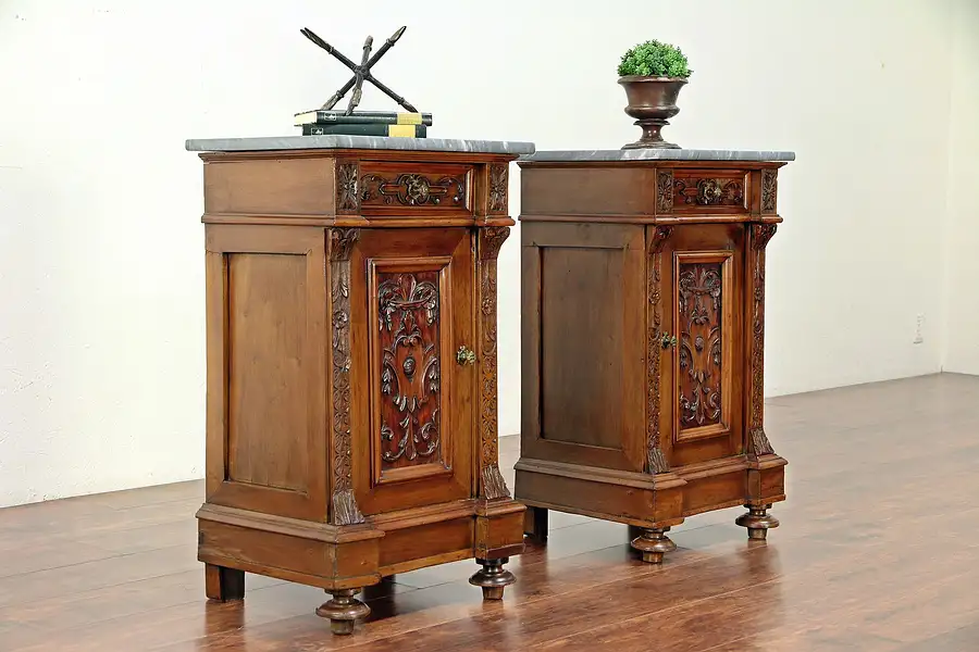 Main image of Pair of Antique Italian Renaissance Carved Walnut Nightstands Marble Tops