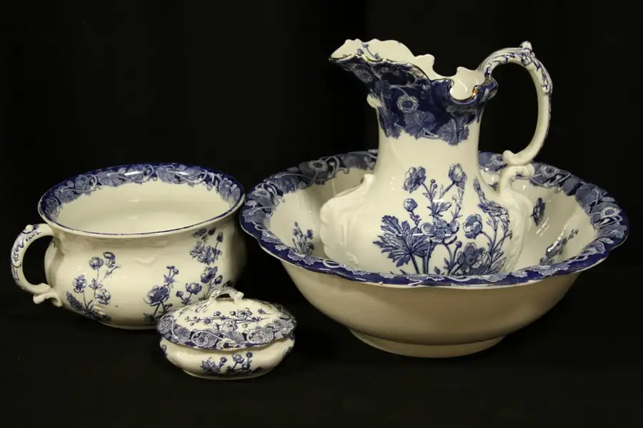 Main image of Flow Blue 1890 Doulton Burslem Buttercup 4 Pc. Bowl & Pitcher Set