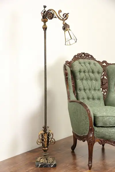 Main image of Wrought Iron 1920's Antique Bridge Reading Floor Lamp, Marble Base