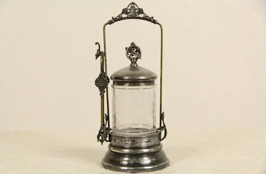 Main image of Globe Signed 1880's Antique Pickle Castor Set, Jar & Tongs