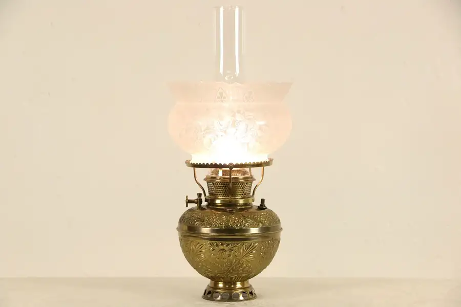 Main image of Victorian 1896 Pat. Bradley & Hubbard Kerosene Lamp, Electrified, Etched Shade