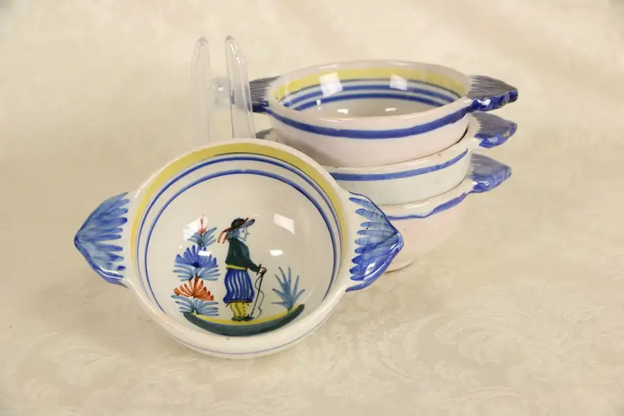 Main image of Henriot Quimper Signed Set of 4 Porridge Bowls with Handles, Hand Painted France