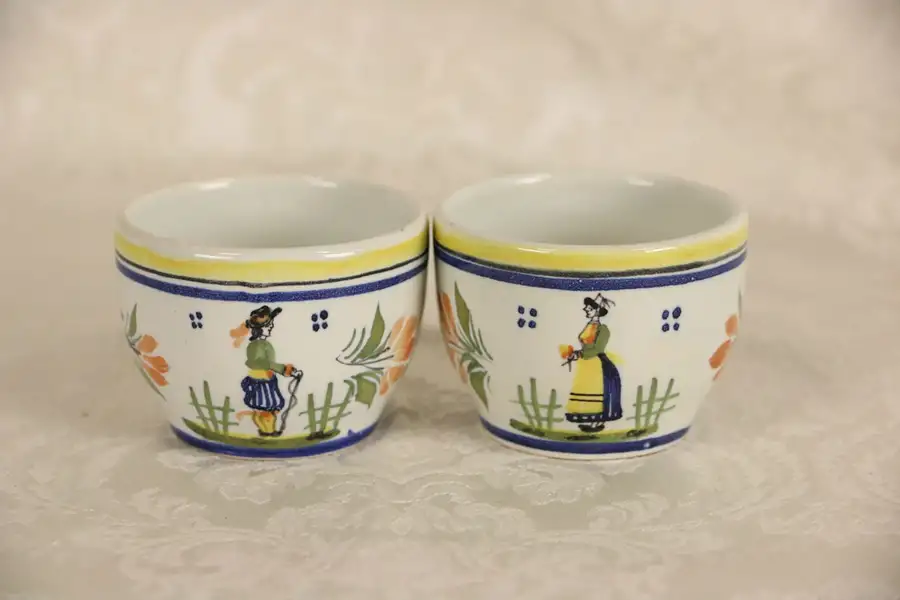 Main image of Henriot Quimper Signed Pair of Cups, No Handles, Hand Painted Brittany France