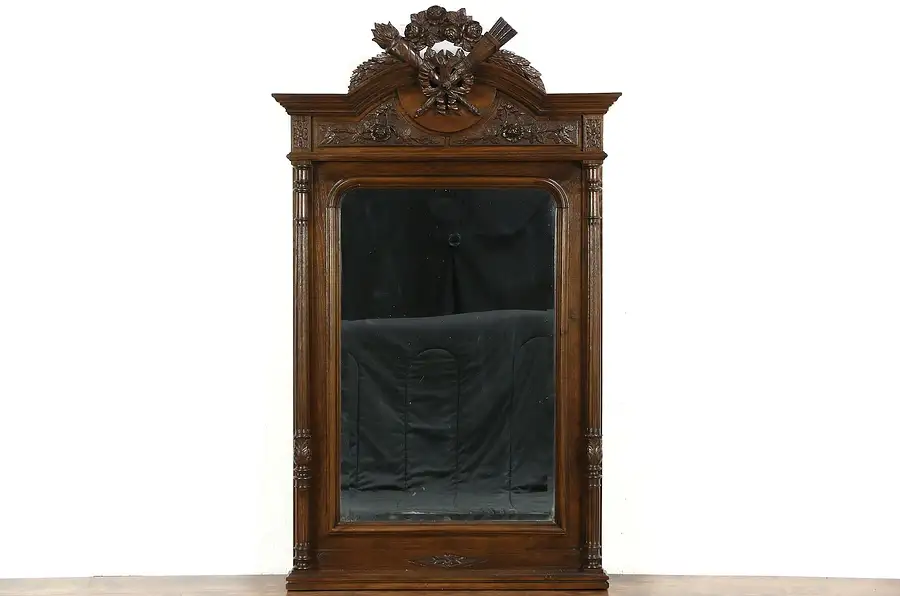 Main image of French Louis XVI Antique 1890 Carved Oak Beveled Wall or Mantel Mirror