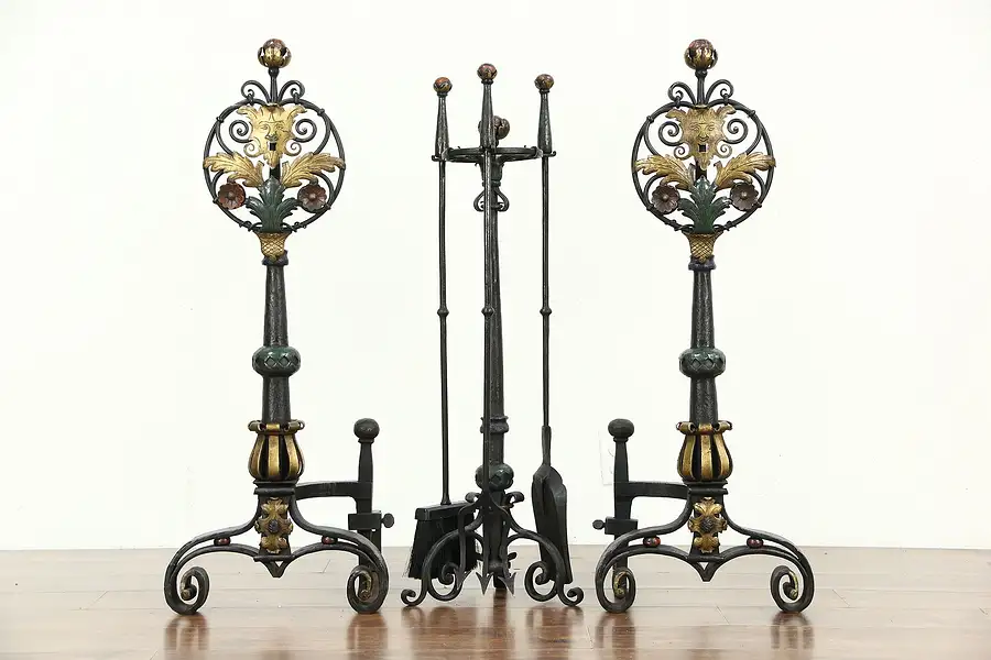 Main image of Fireplace Wrought Iron Antique Painted Andirons, Tools & Stand Set, Pat. 1908
