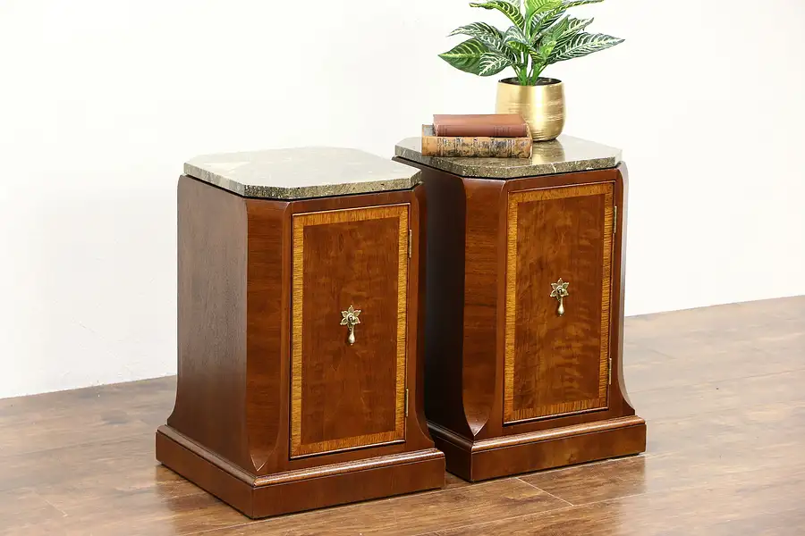 Main image of Pair of Vintage Marble Top Nightstands or End Tables, Signed Henredon