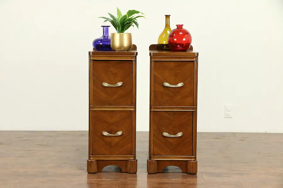Main image of Pair of Art Deco 1930's Vintage Walnut Nightstands, Original Pulls