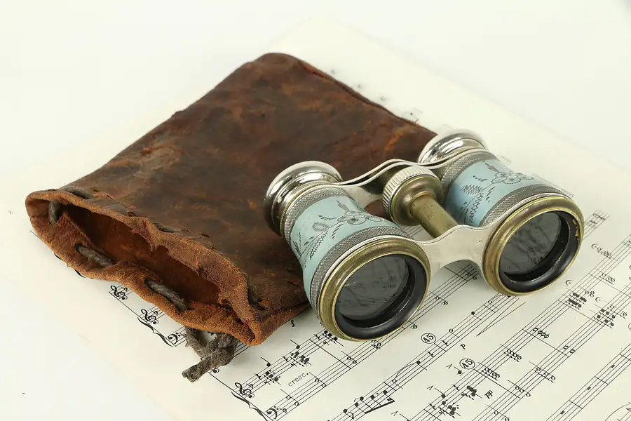 Main image of Blue Enamel Antique English Opera Glasses, Leather Pouch