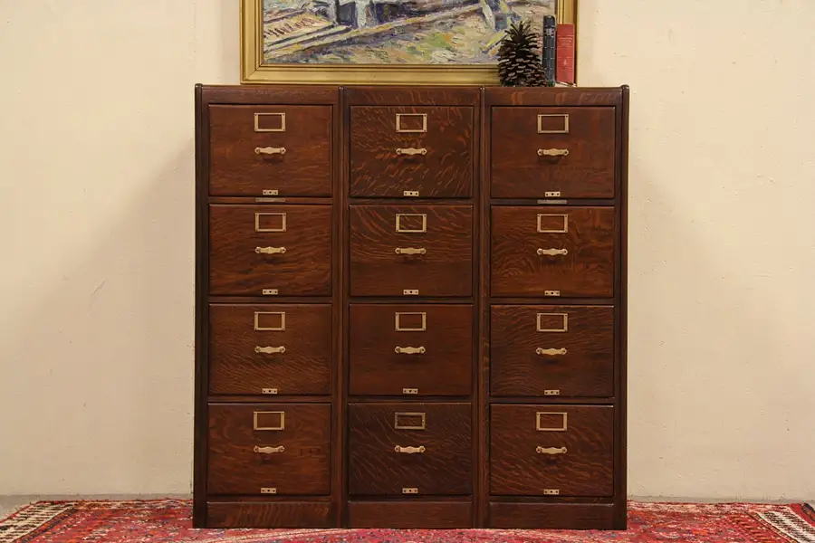 Main image of Triple Oak 12 Drawer Antique 1900 Library File Cabinet