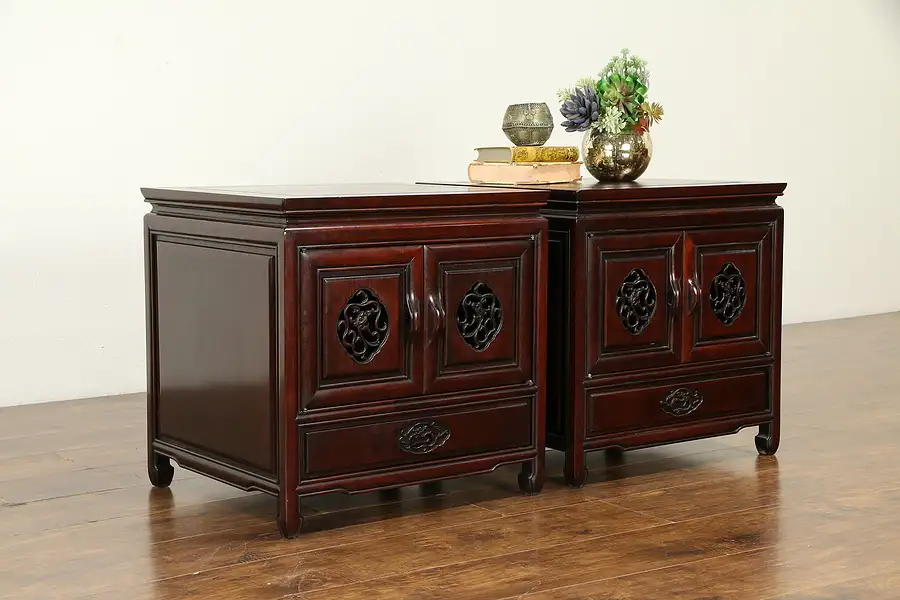 Main image of Chinese Hand Carved Rosewood Vintage Pair of End Tables or Nightstands