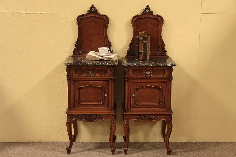 Main image of Pair Carved Walnut Rosewood Marble Top Nightstands