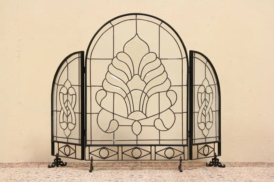 Main image of Leaded Beveled Glass Triple Fireplace Screen