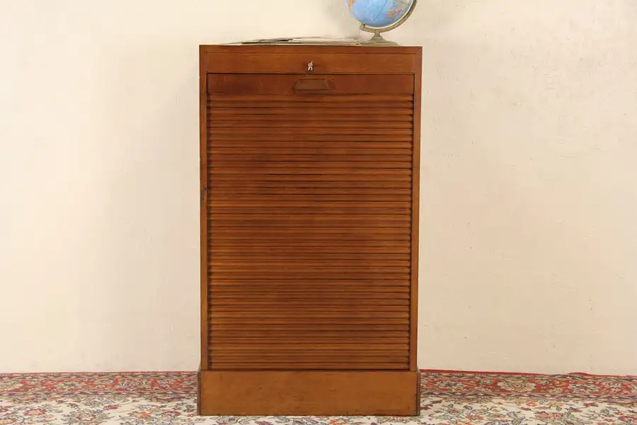 Main image of Oak Vintage Roll Top 1940's Scandinavian File Cabinet