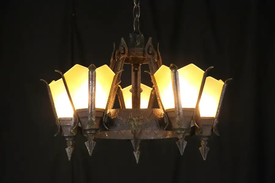 Main image of Tudor 1925 Wrought Iron Chandelier, 5 Original Stained Glass Shades