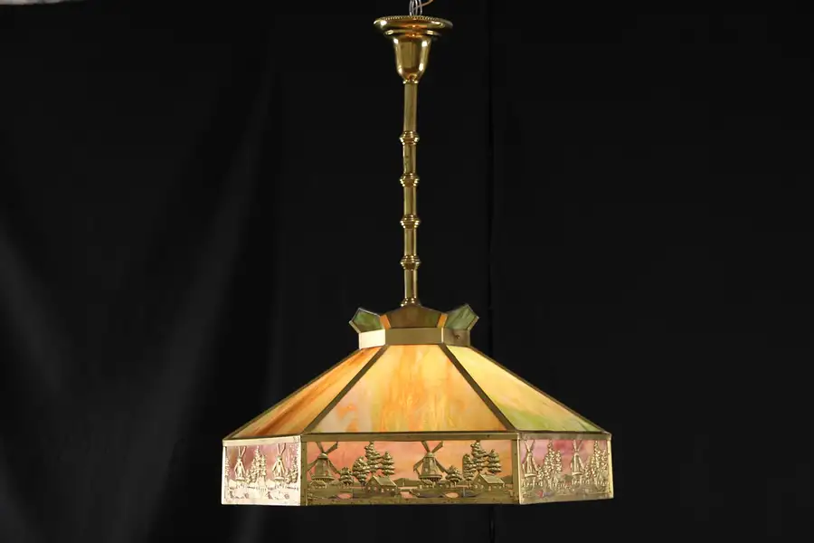 Main image of Stained Glass 1915 Antique Ceiling Light Fixture, Windmill Design