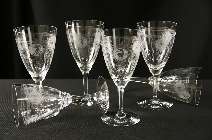Main image of Heisey Pied Piper 1927 Etched Glass Set of 6 Footed Goblets