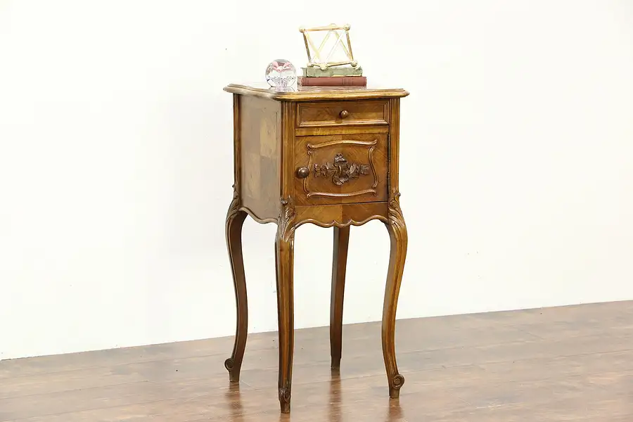 Main image of French Antique Carved Walnut Nightstand or Bedside Table