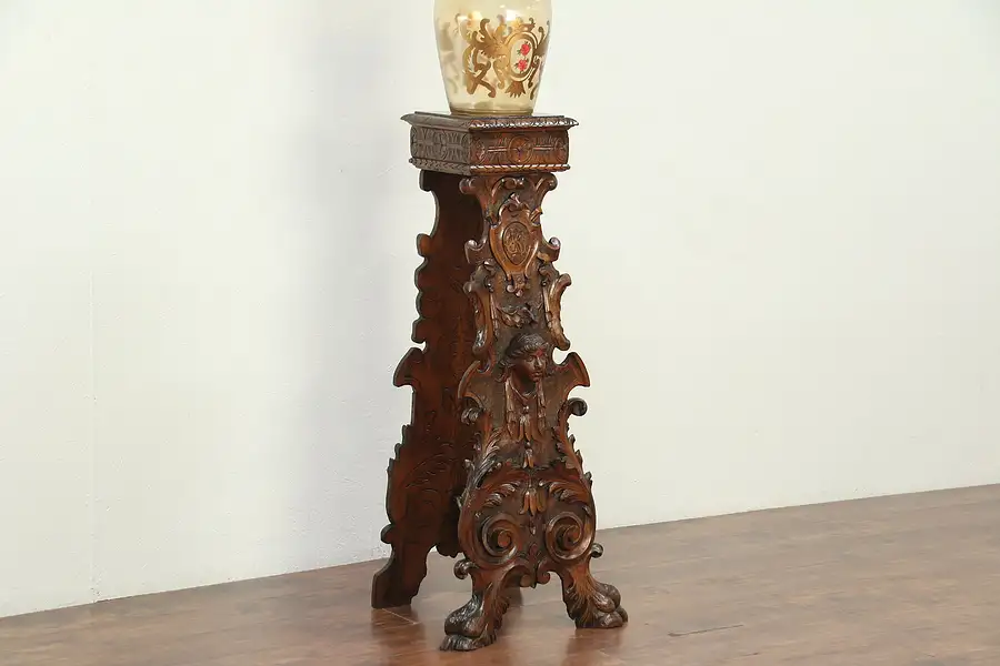Main image of Pine Antique Plant or Sculpture Stand, Hand Carved Heads & Paws, Italy