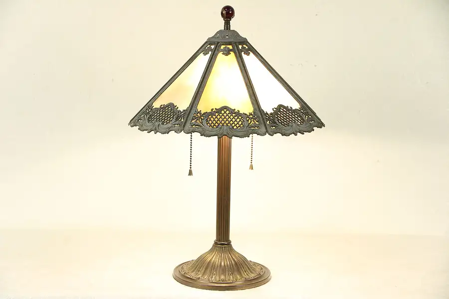 Main image of Lamp with Antique Stained Glass & Filigree Shade, Glass Marble Finial