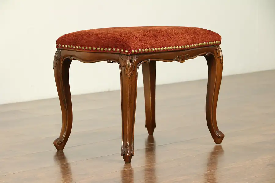 Main image of French Carved Walnut Antique Bench or Stool, New Upholstery