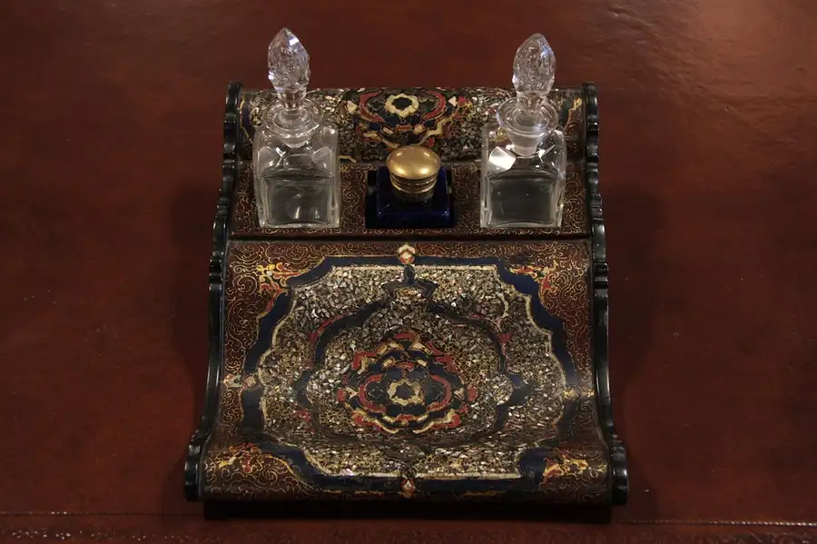 Main image of Papier Mache & Pearl Victorian Pen Set, Inkwells