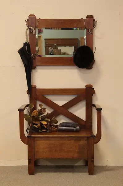 Main image of Arts & Crafts Mission Oak Hall Bench & Mirror