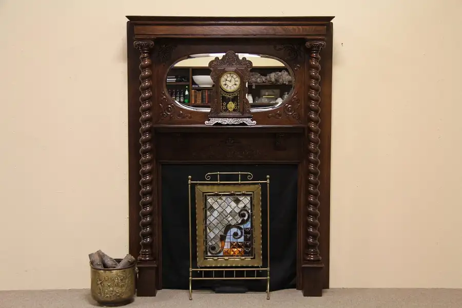 Main image of Victorian Oak Fireplace Mantel, Mirror & Columns