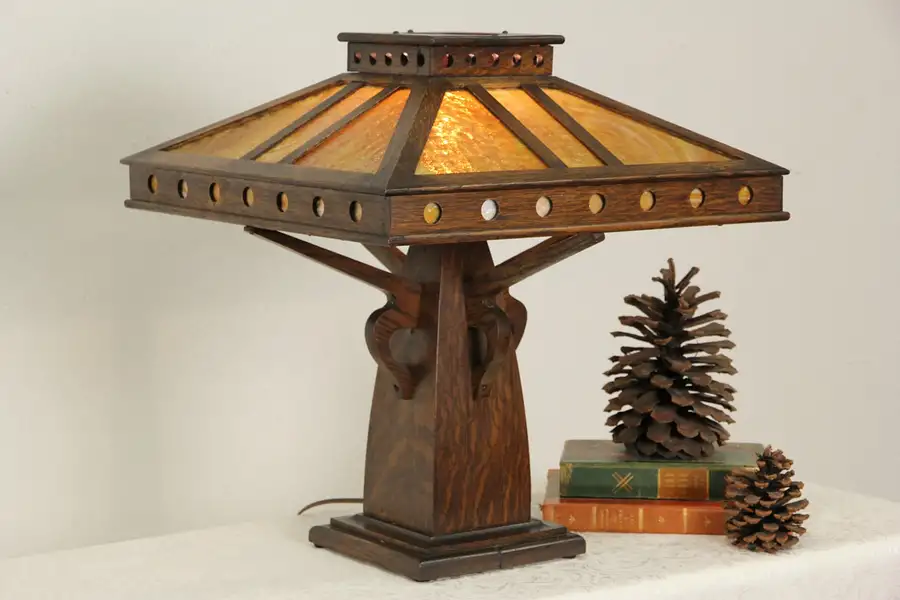 Main image of Arts & Crafts Mission Oak 1910 Antique Stained Glass Craftsman Lamp