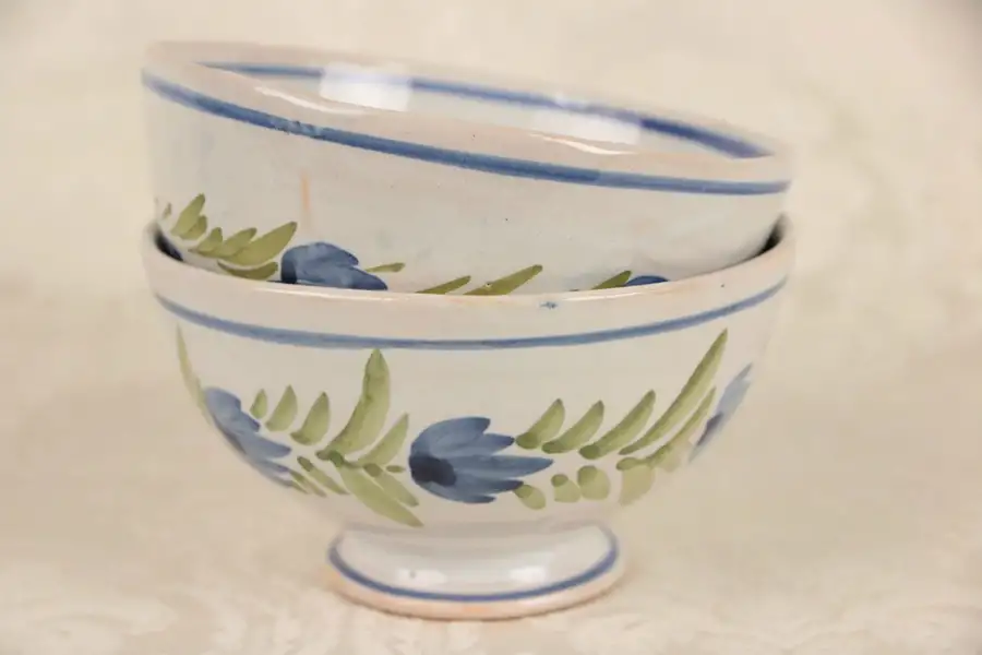 Main image of Quimper Signed Pair of Minstral Blue Footed Bowls, Hand Painted Brittany, France
