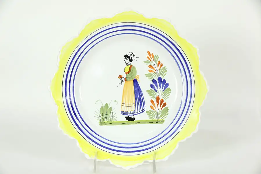 Main image of Quimper 10" Round Plate, Hand Painted Woman in Brittany Costume