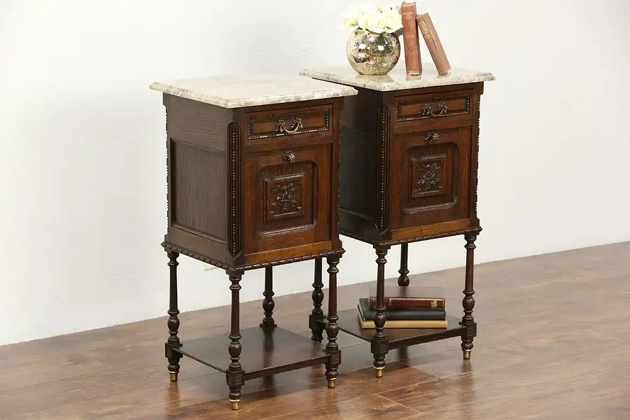Main image of Oak Hand Carved Pair of Antique Nightstands, Marble Tops, France