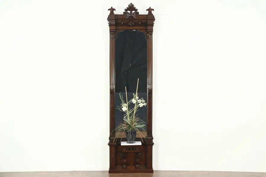 Main image of Victorian Eastlake 1880 Antique Hall Pier Mirror, Carved Walnut, Marble Shelf