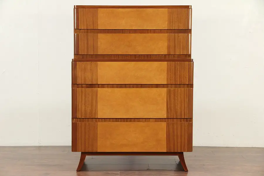 Main image of Midcentury Modern Tall Chest 1960's Vintage Curly Maple & Mahogany RWay