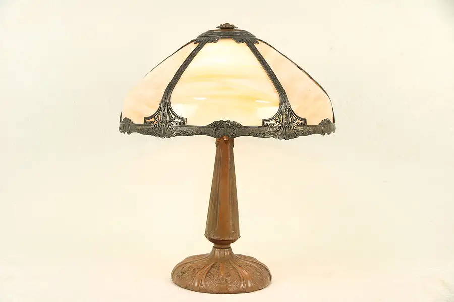 Main image of Table Lamp, Antique Stained Glass Curved Panel Shade, Embossed Base