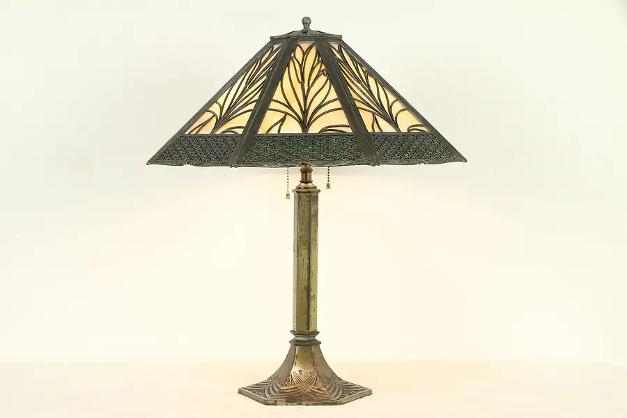 Main image of Filigree 8 Panel Filigree Stained Glass Shade Antique Lamp