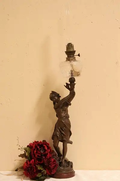 Main image of E Rousseau Sculpture Oil Newel Post Oil Lamp