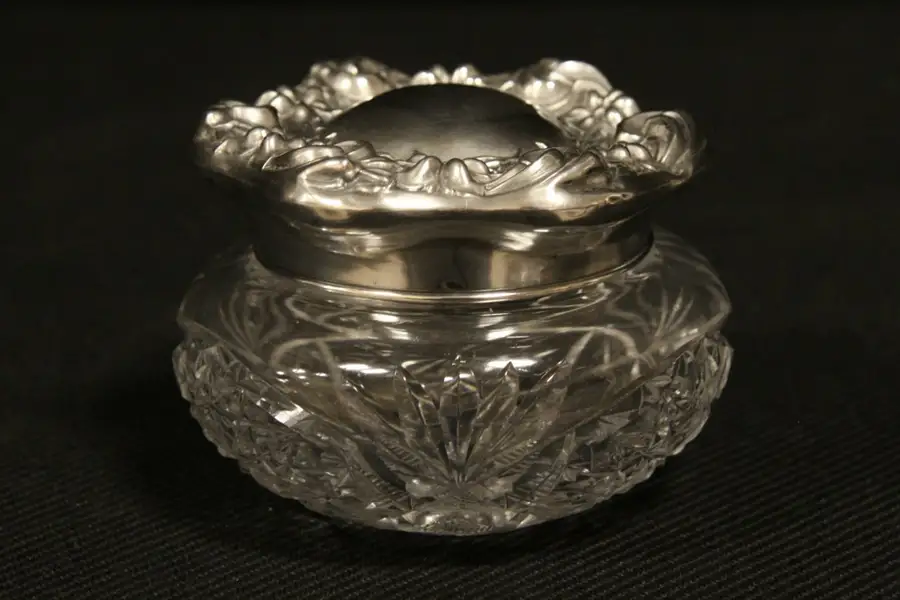 Main image of Art Nouveau Antique 1901 Sterling Silver Flowers & Cut Glass Boudoir Jar
